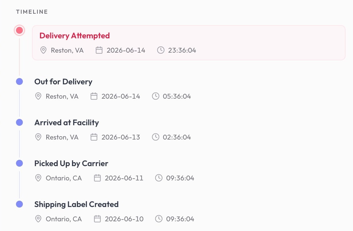 A Delivery IQ tracking timeline in Jetpack Pro showing Delivery Attempted, Out for Delivery, Arrived at Facility, Picked Up by Carrier, and Shipping Label Created, each with location, date, and time in one readable format