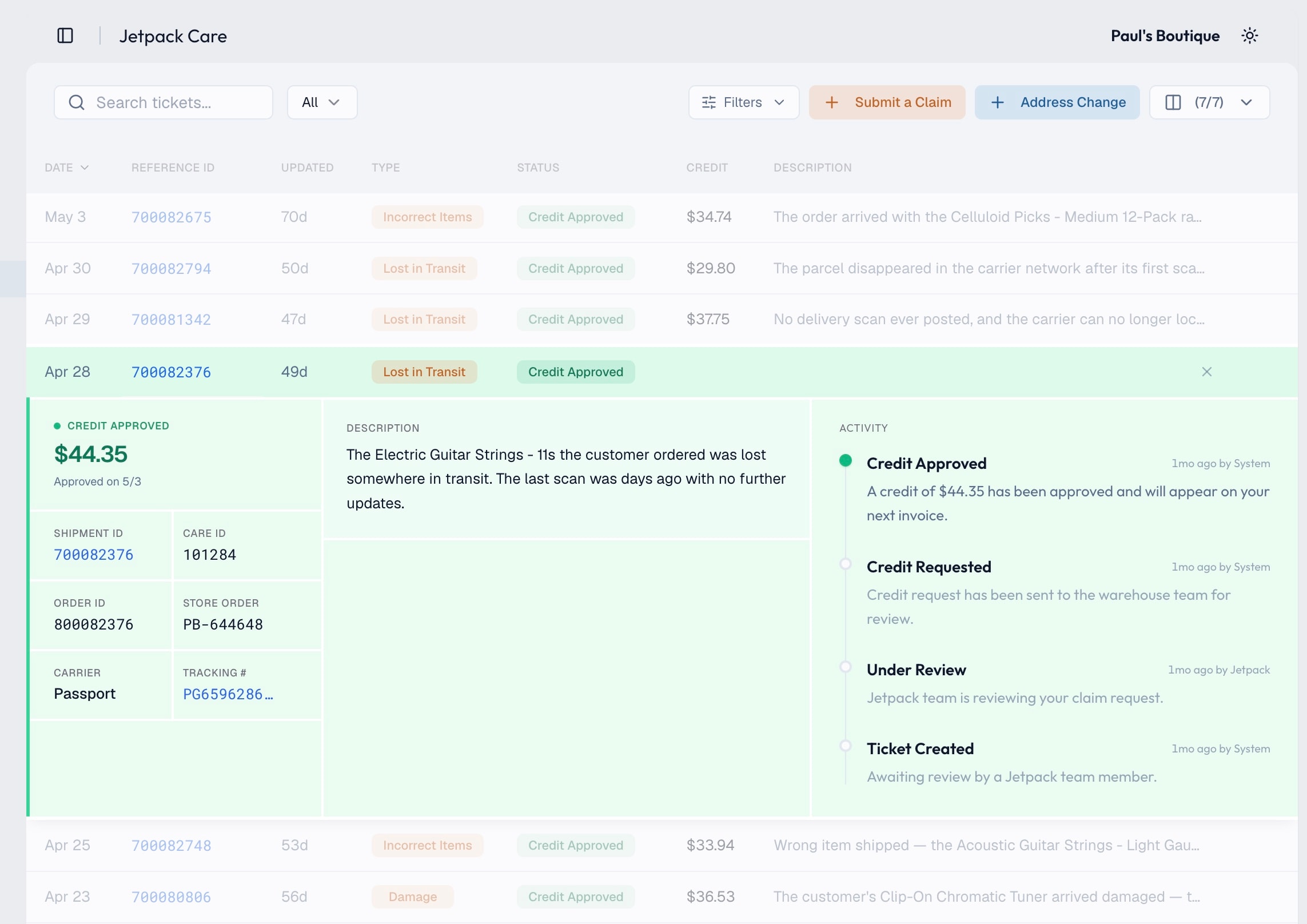 The Jetpack Care interface in Jetpack Pro: a list of support tickets with one expanded to its credit, carrier, tracking, and an activity timeline from Ticket Created through Under Review and Credit Requested to Credit Approved