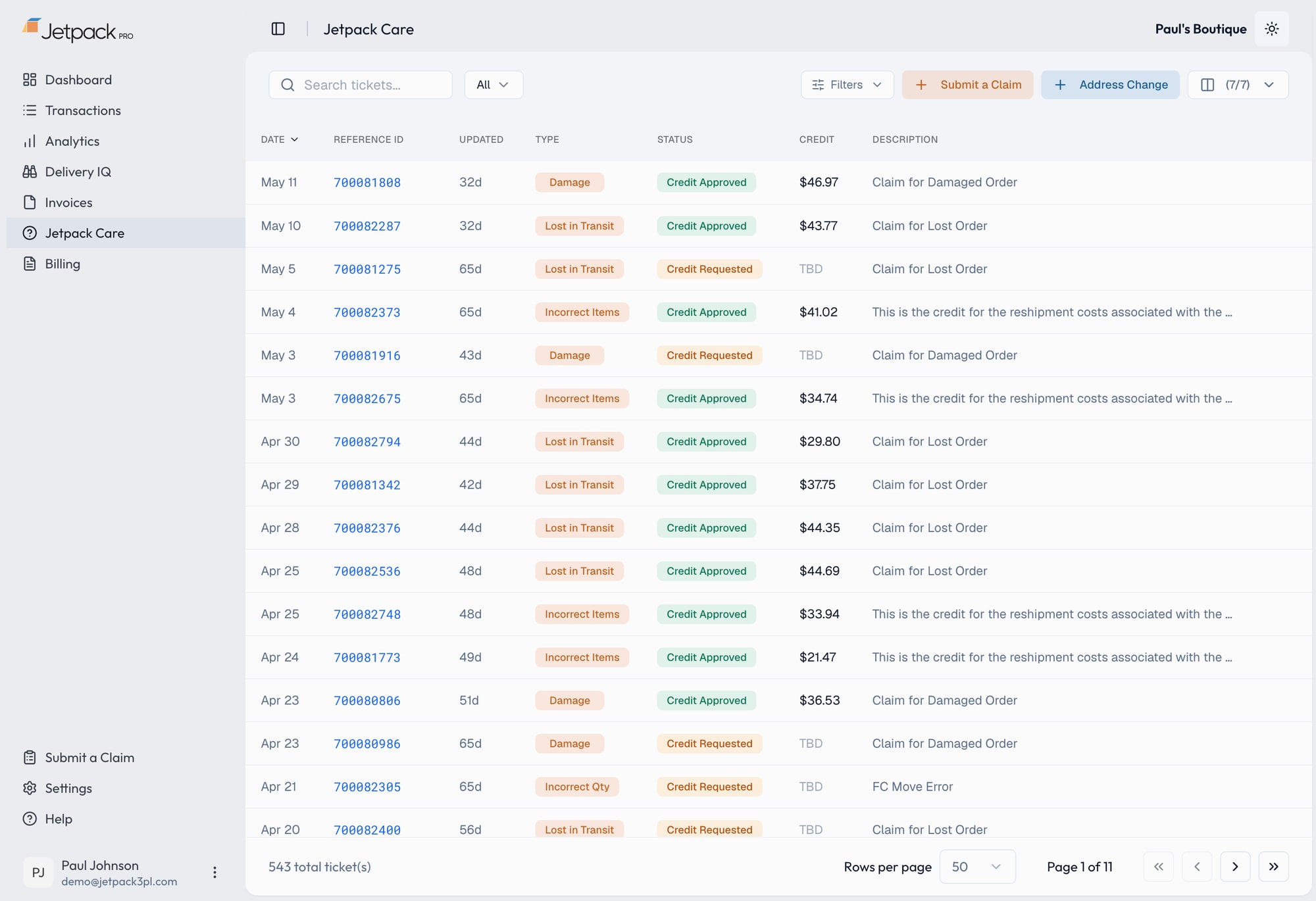 The Jetpack Care view in Jetpack Pro: claims for damaged, lost, and incorrect-item orders with approved credits