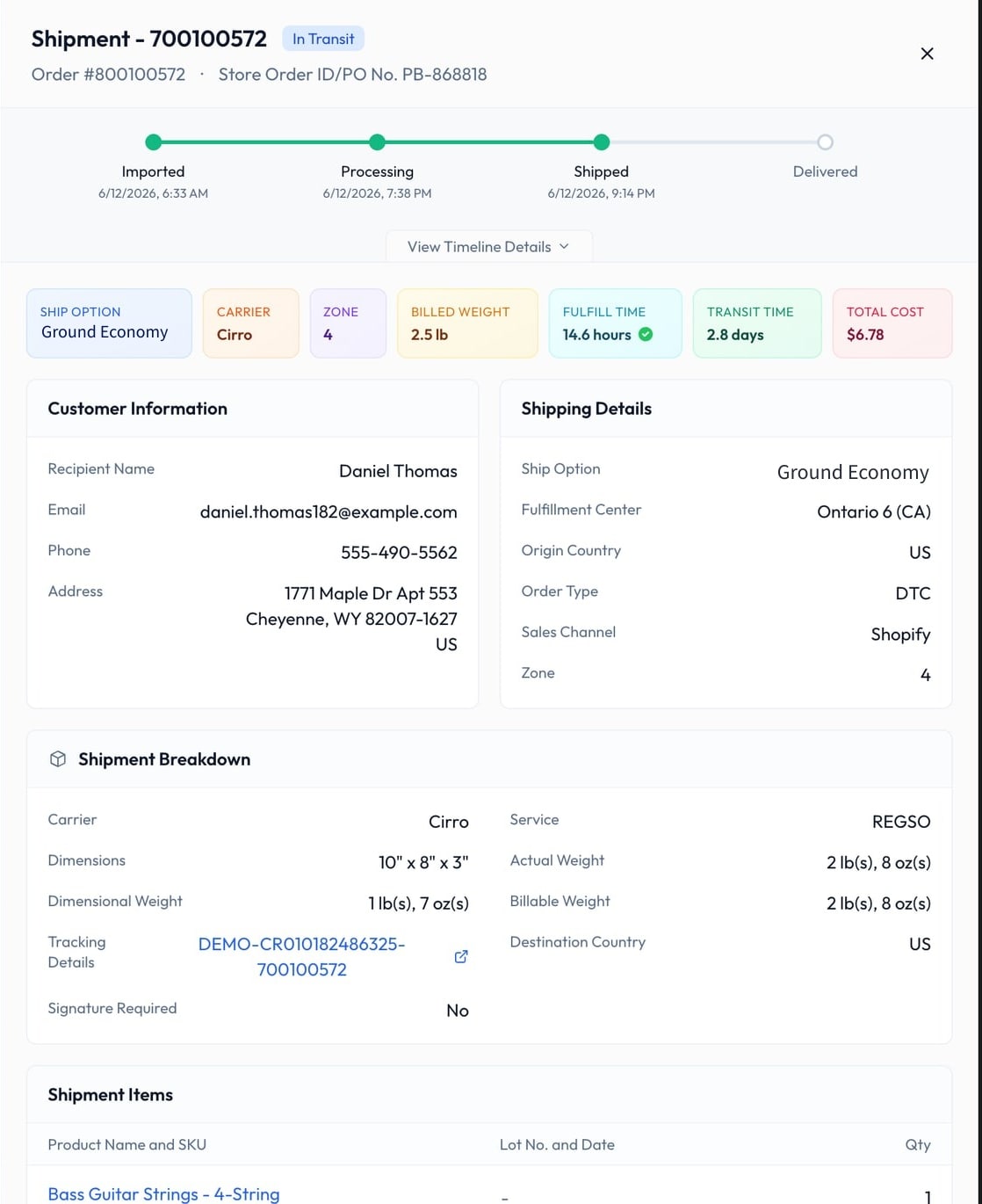 A Jetpack Pro shipment detail panel: live status and timeline (imported, processing, shipped, delivered) plus ship option, carrier, transit time, and cost for one order