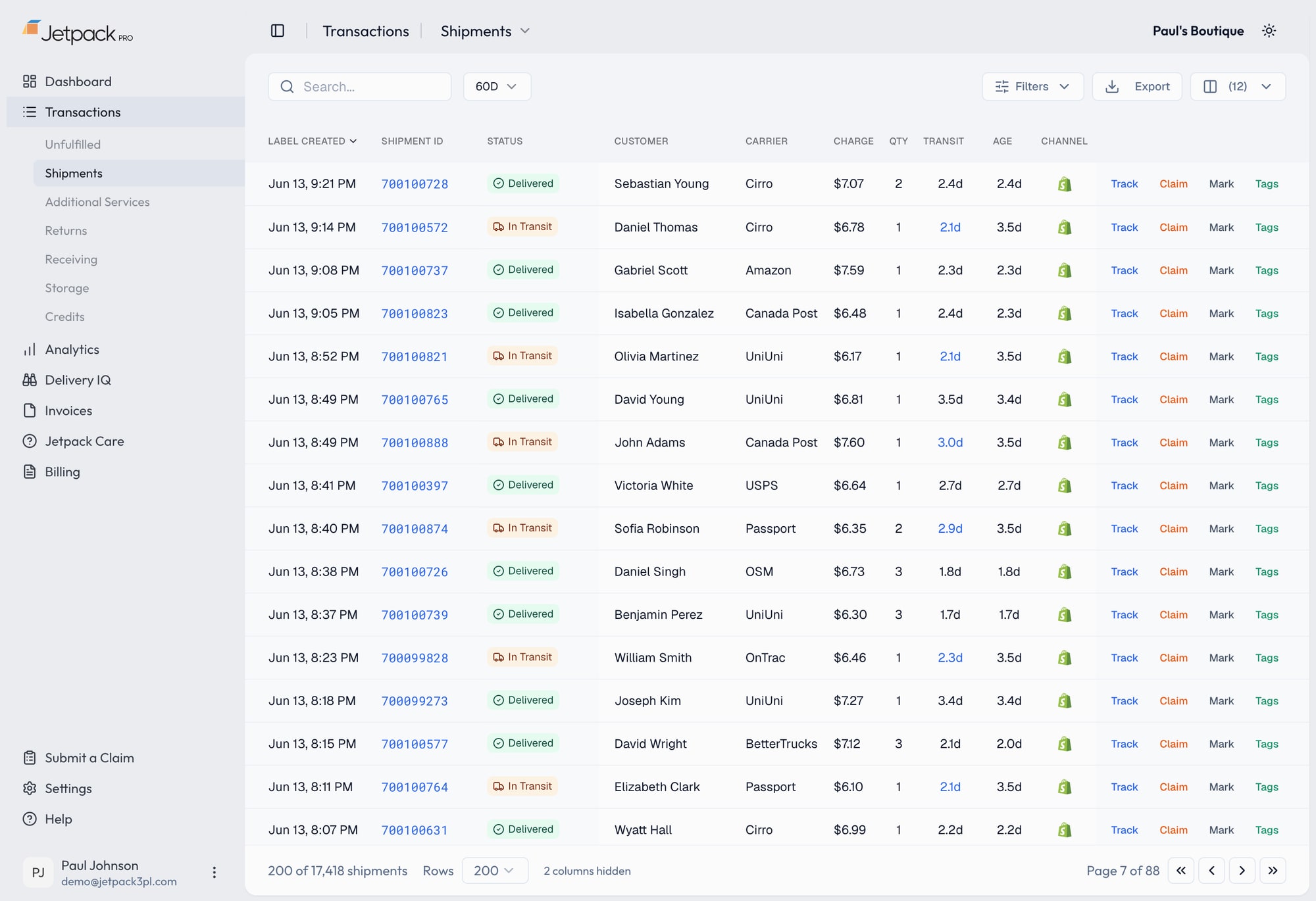 Jetpack Pro Transactions, Shipments view: every shipment itemized with carrier, charge, quantity, transit time, and channel, plus search, filter, and export