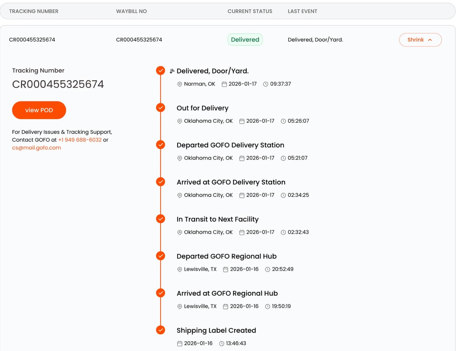 Real recipient tracking view: a delivered parcel's scan-by-scan timeline with location and timestamp at every event, from label creation through regional hub, delivery station, out for delivery, and delivered, with a view-POD button